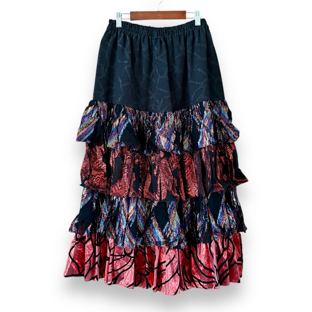 Vintage Maggie Shepherds Tiered Ruffle Midi Skirt Metallic Abstract Size Medium
